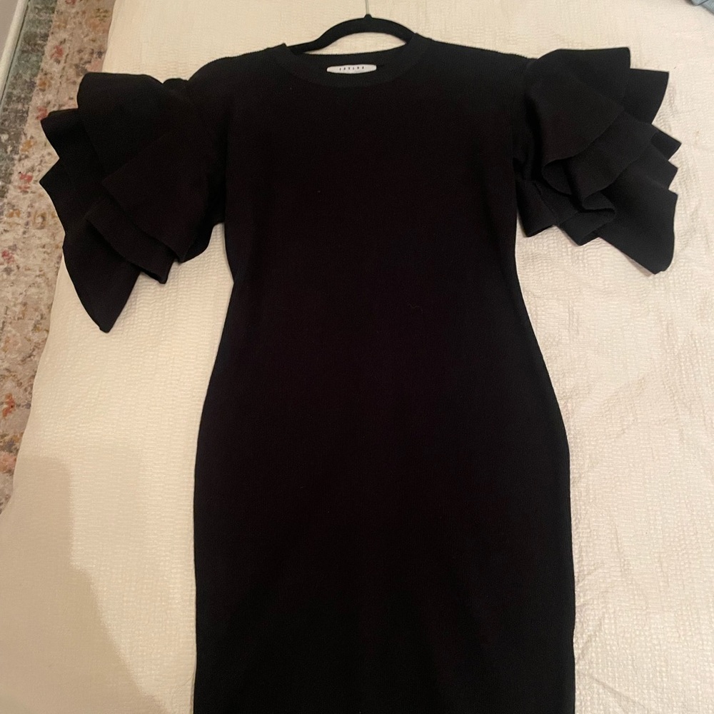 FAVLUX Black Long Sleeve Dress with Ruffle Detail